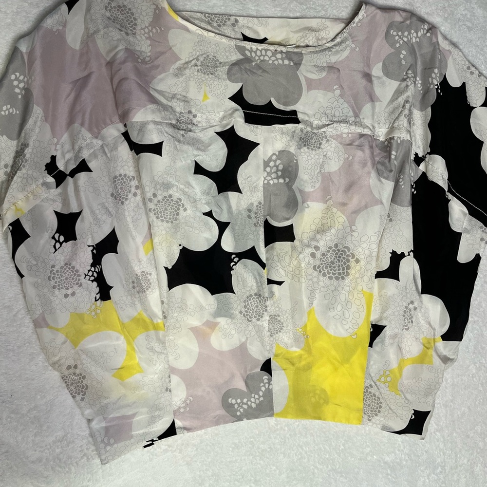 Diane von Furstenberg DVF 100% Silk Floral Print Blouse Petite P Yellow Black